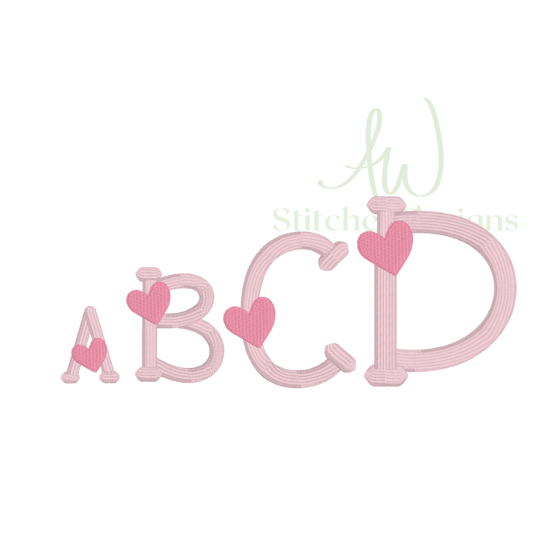 The Happy Heart Valentine's Day satin stitch font for machine embroidery design file 1"- 2.5" upper and lowercase letters with BX