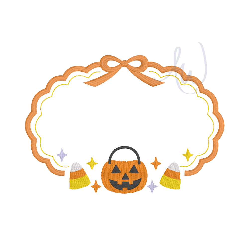 Halloween-themed decorative embroidery design featuring a scalloped orange border with a bow, a jack-o'-lantern basket, candy corn, and small stars on a white background.