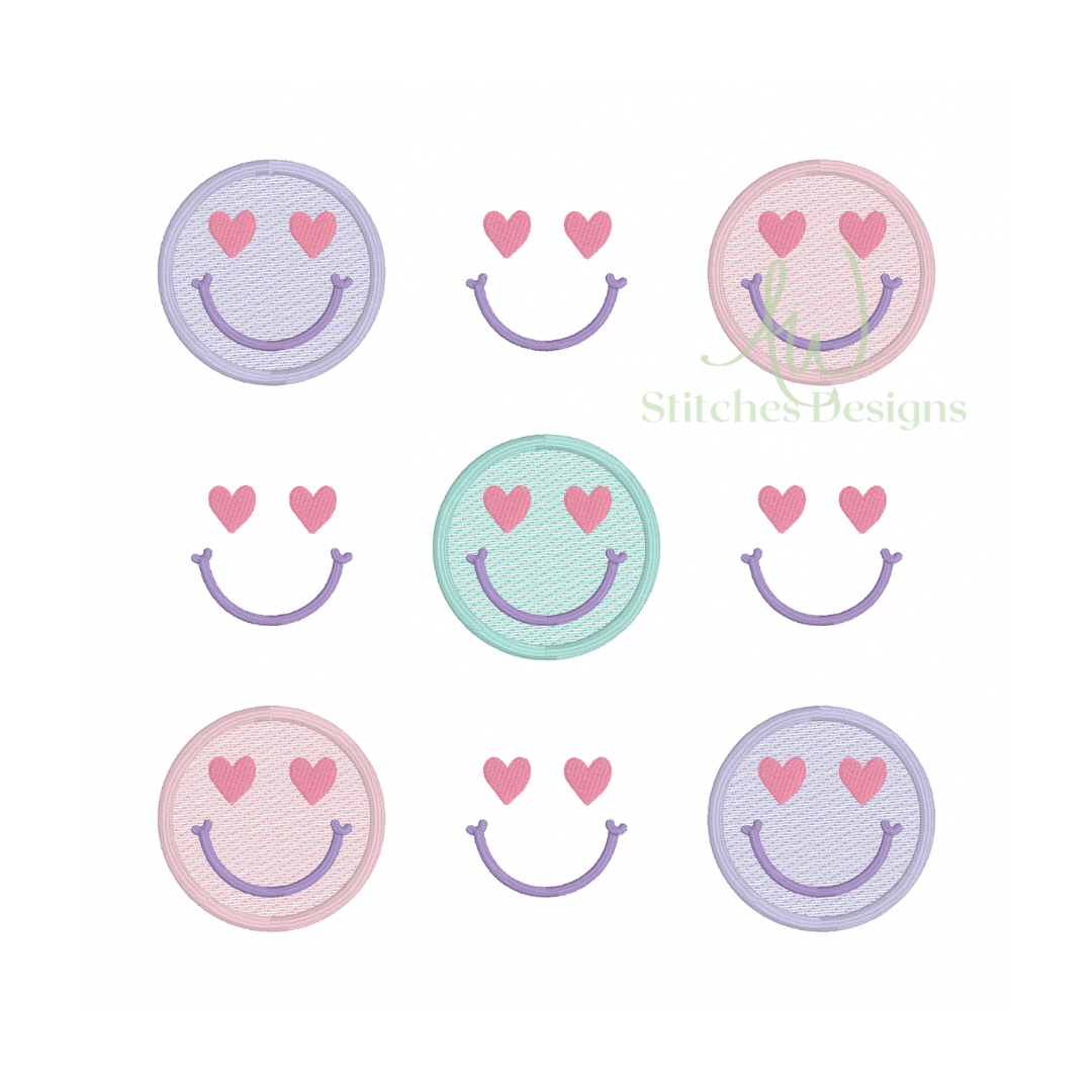 Set of smiley face designs with heart eyes on a white background, featuring the brand 'Stitches Designs'.