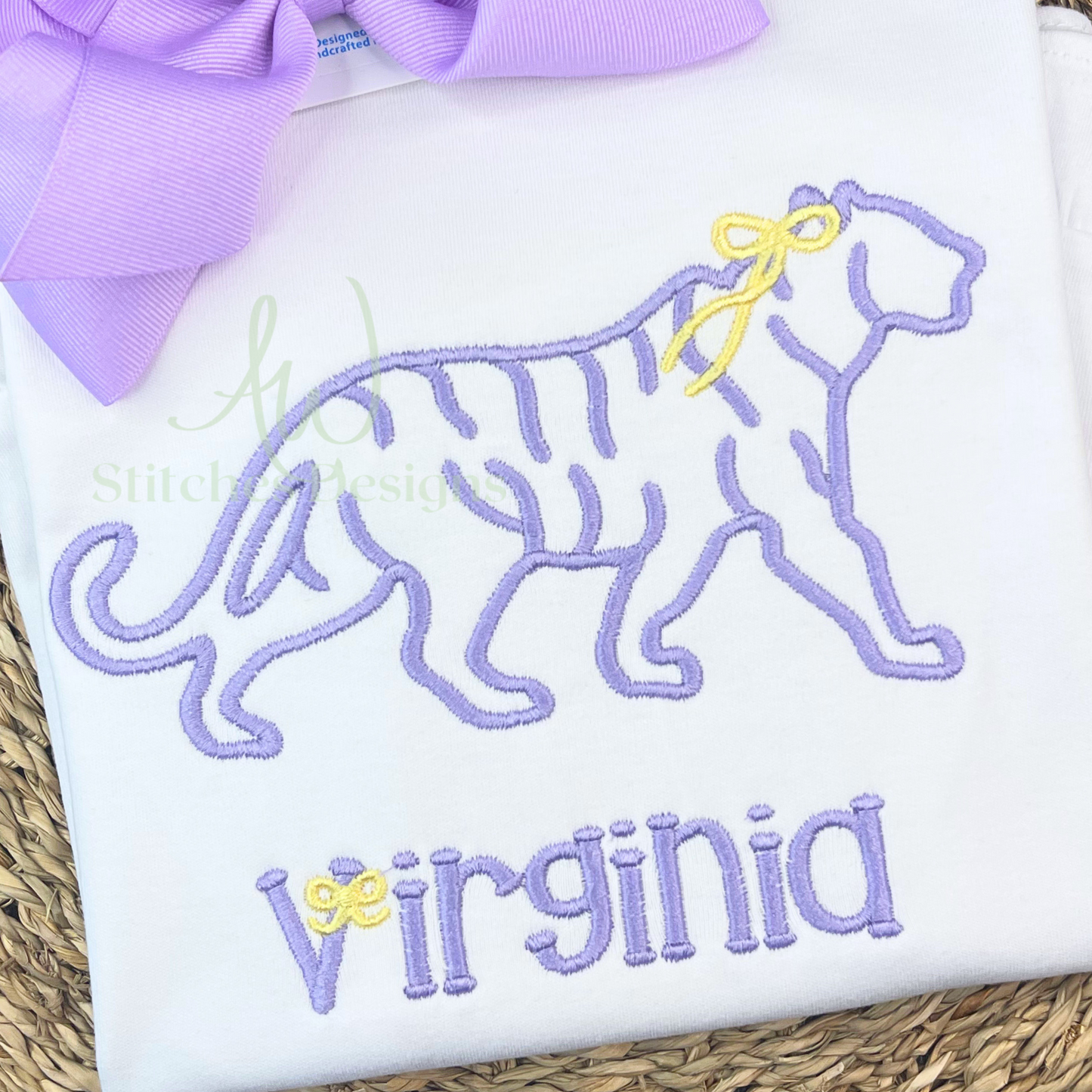 Tiger with bow mascot satin stitch embroidery design