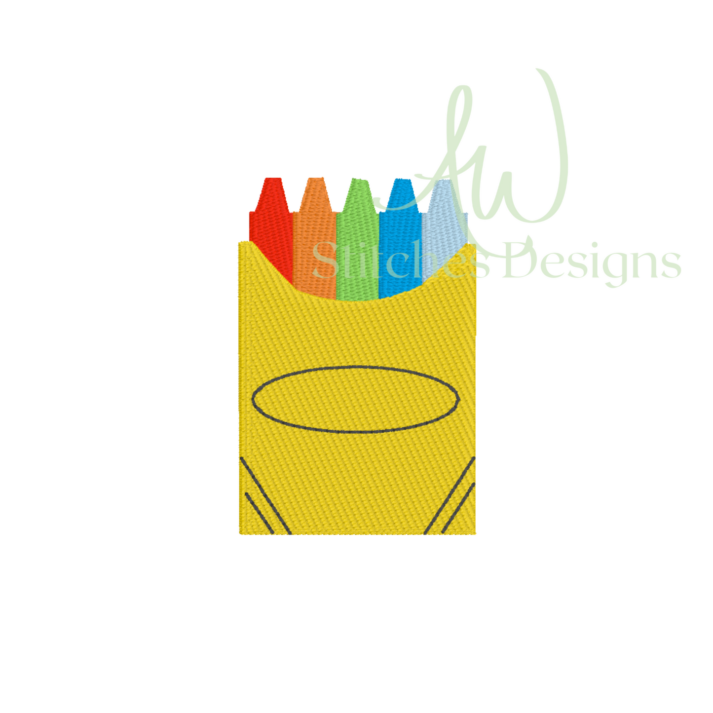 Embroidery design of a yellow crayon holder with colorful crayons on a white background, featuring the brand 'AW Stitch Designs'.