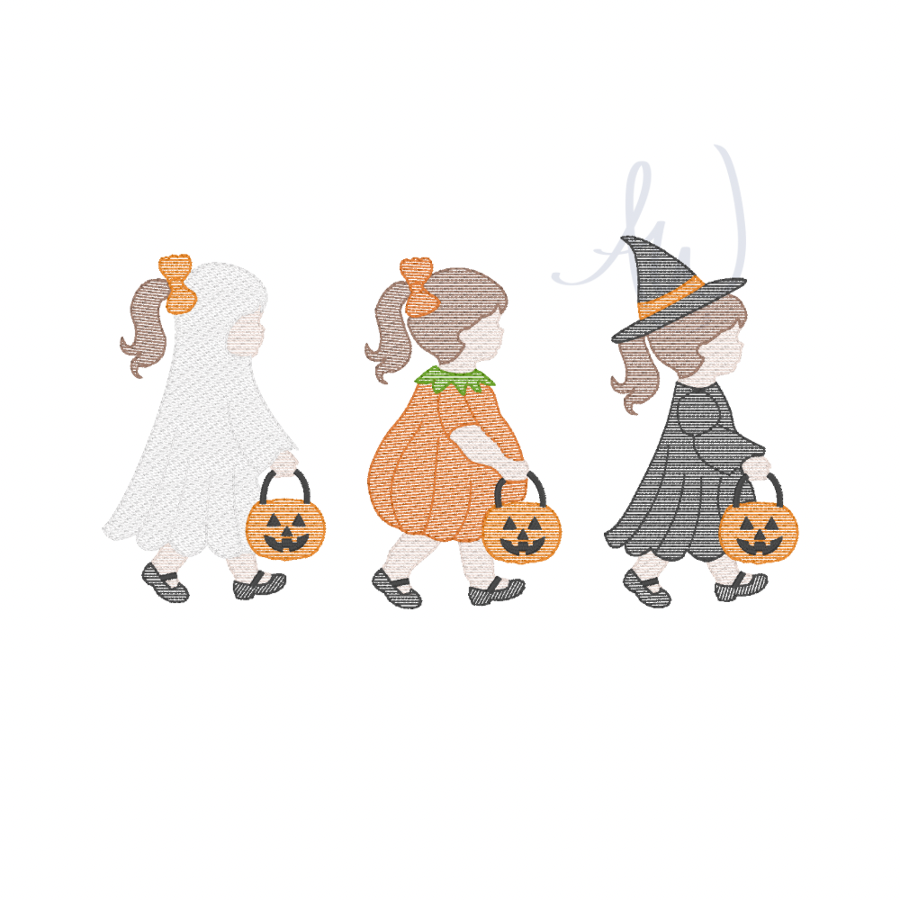 Three children in Halloween costumes holding pumpkin baskets on a white background