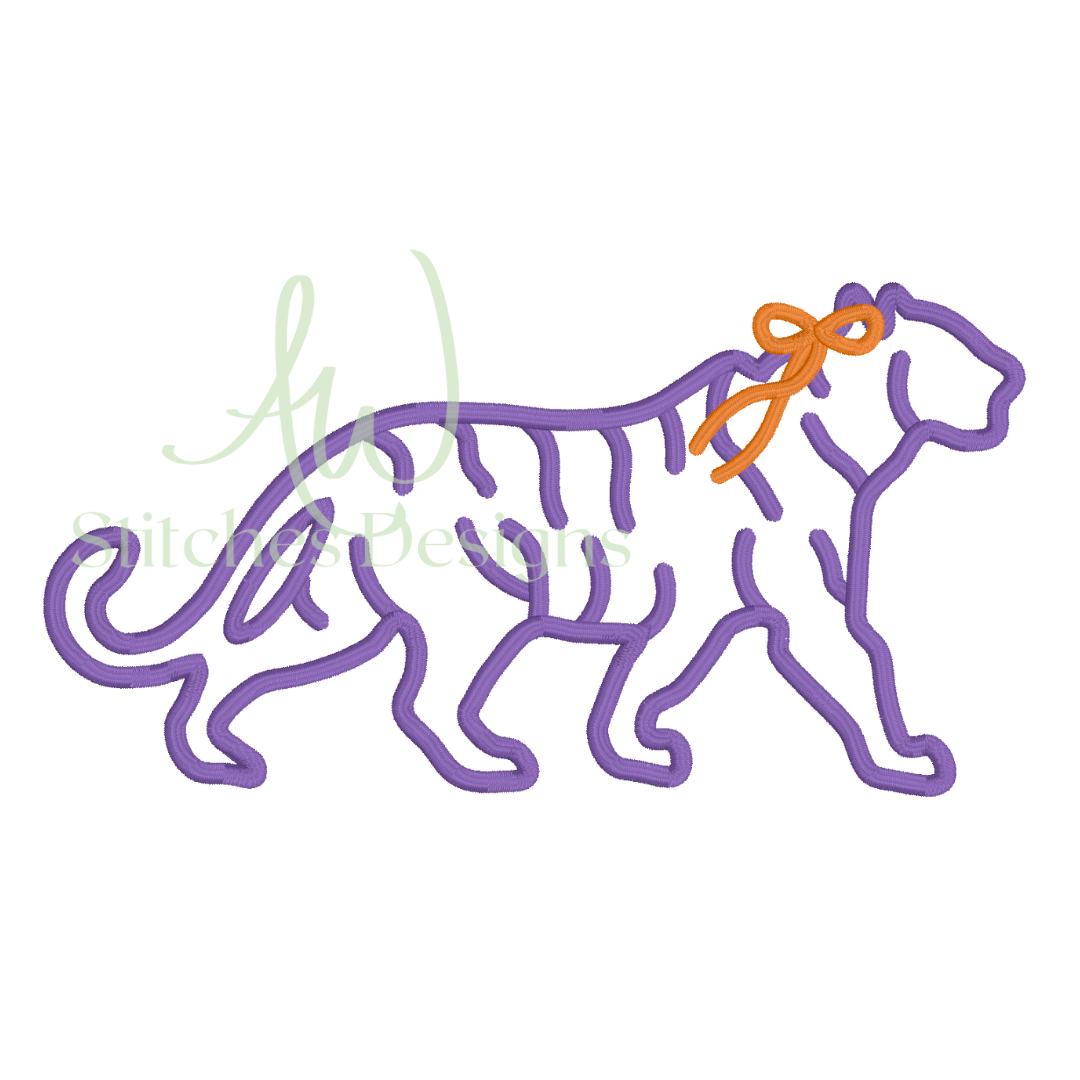 Tiger with bow mascot satin stitch embroidery design