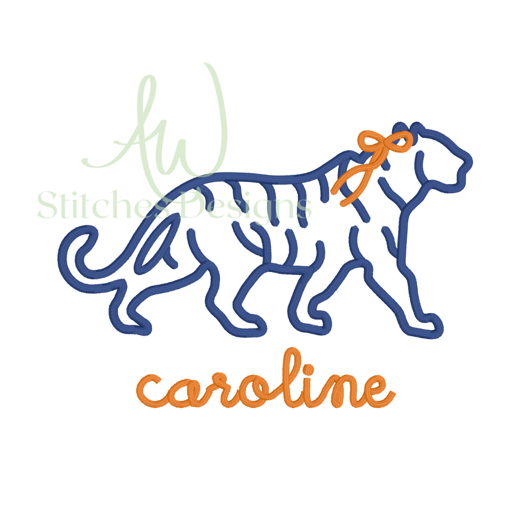 Tiger with bow mascot satin stitch embroidery design