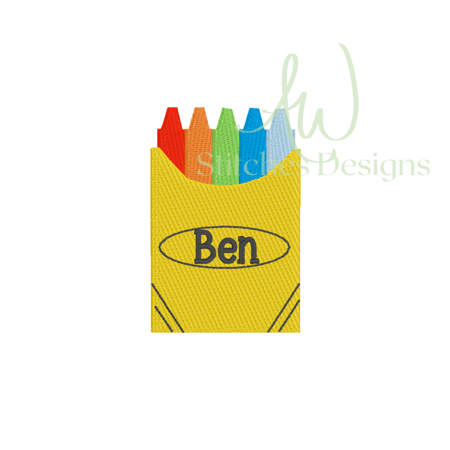 Yellow crayon box with colorful crayons and 'Ben' name as a digital mockup.