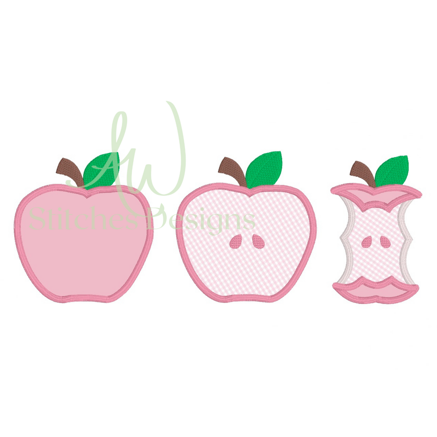 Three pink apple-shaped cutouts with green leaves on a white background.