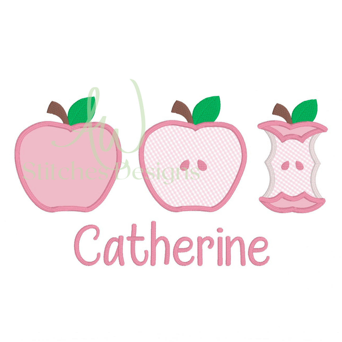 Pink apple design with 'Catherine' text on a white background