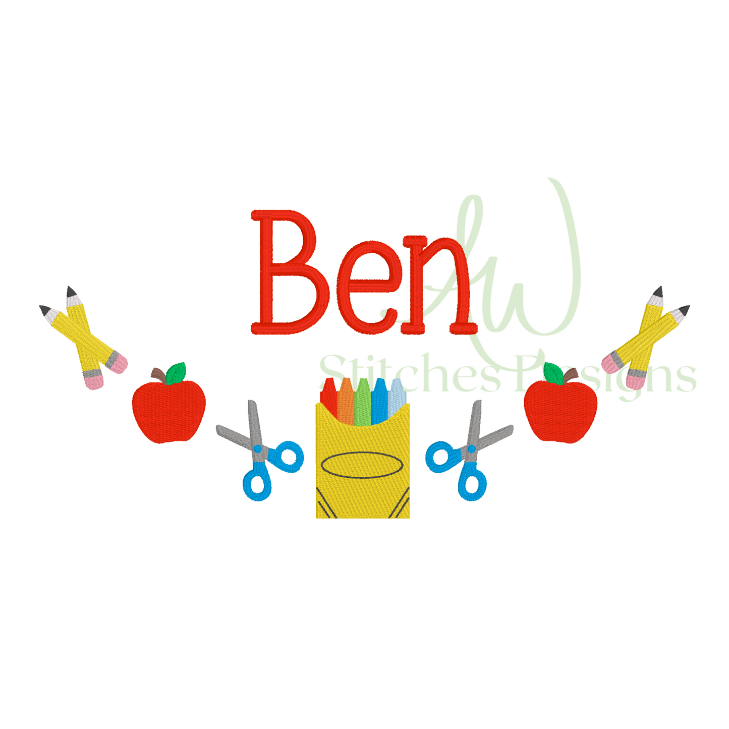 Personalized name design with school-themed elements on a white background