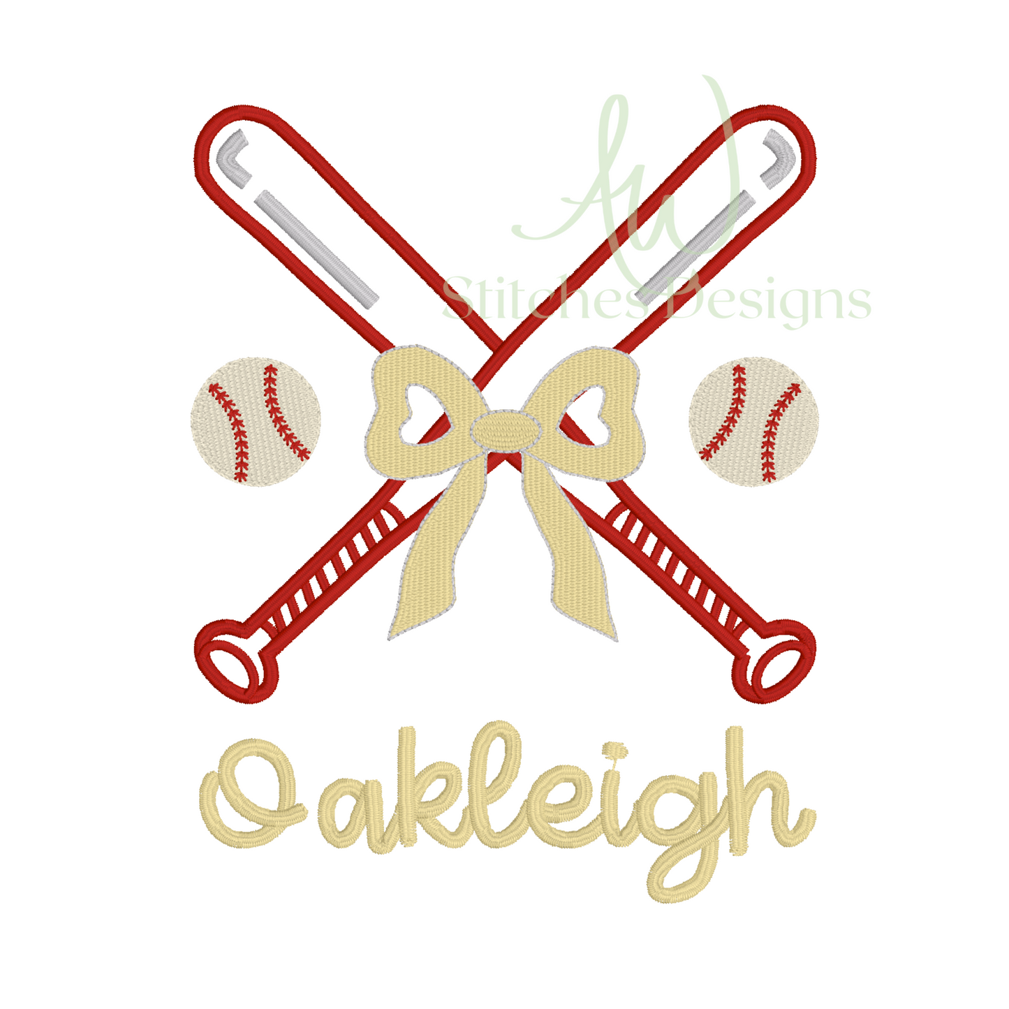 Baseball with bow monogram frame satin fill stitch machine embroidery design file