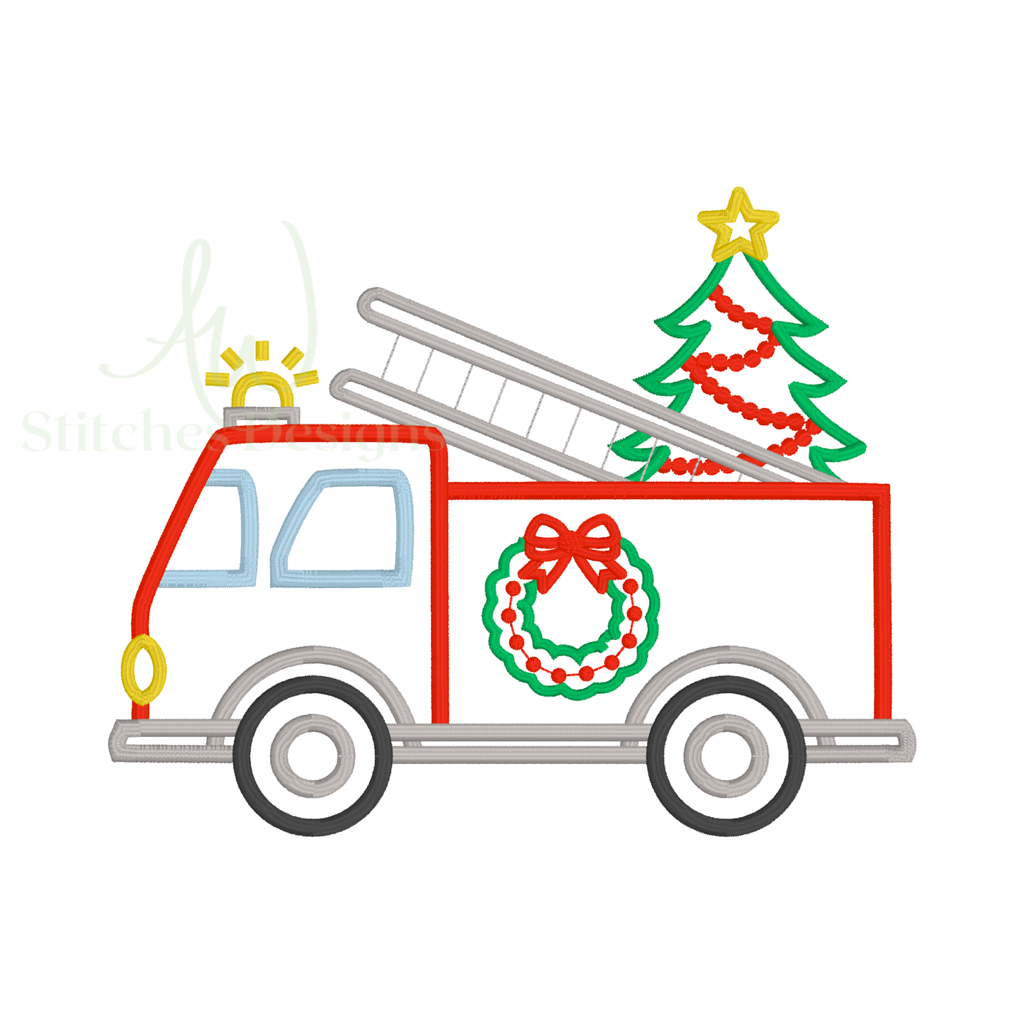 Illustration of a fire truck with Christmas decorations on a white background