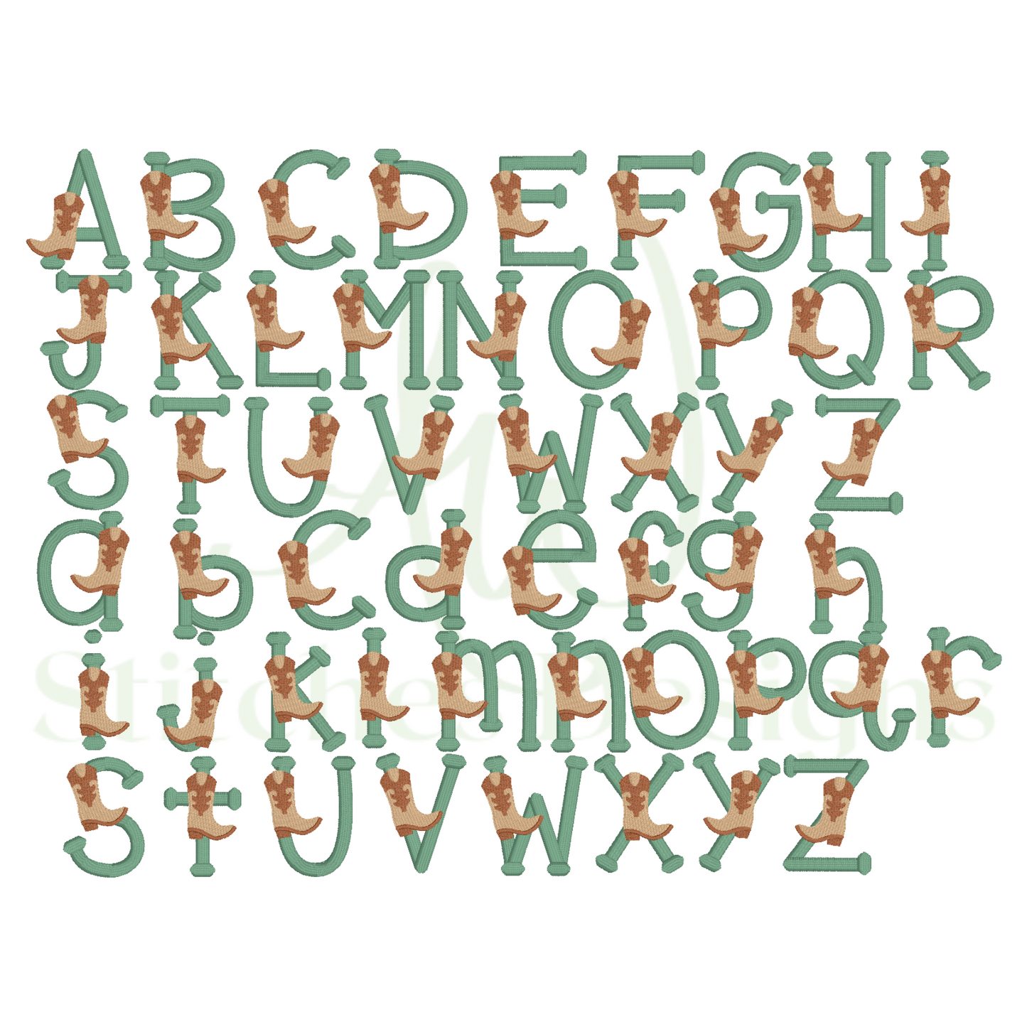 Cowboy Kicks satin stitch font for machine embroidery design file 1"- 2.5" upper and lowercase letters with BX