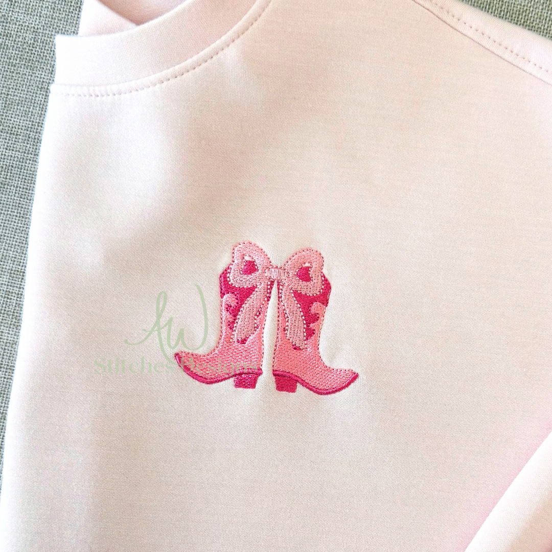 Mini cowboy boots with bow fill stitch machine embroidery mini design