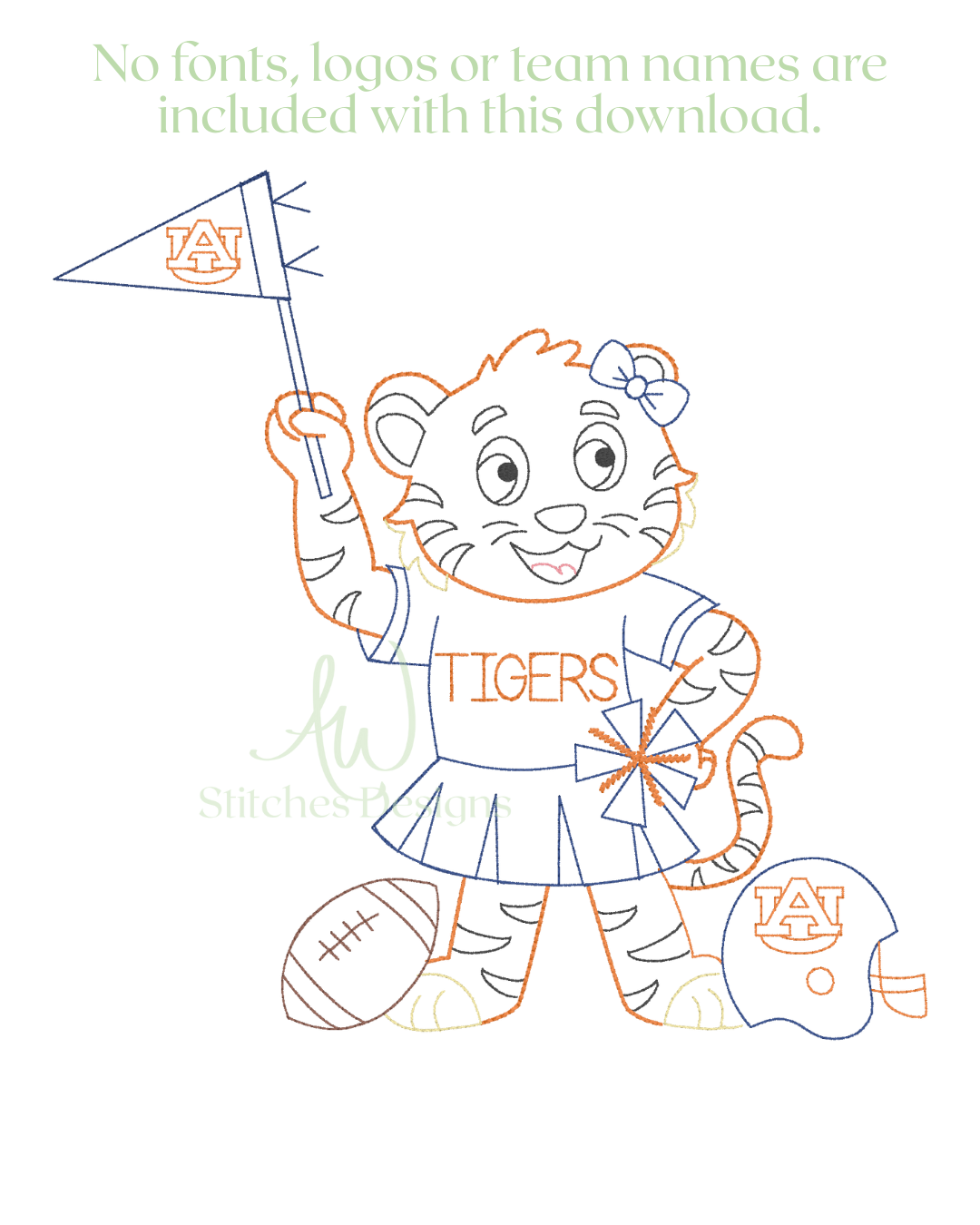 Vintage Tiger with Bow Football Embroidery Design