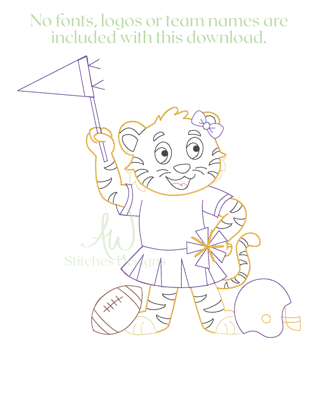 Vintage Tiger with Bow Football Embroidery Design