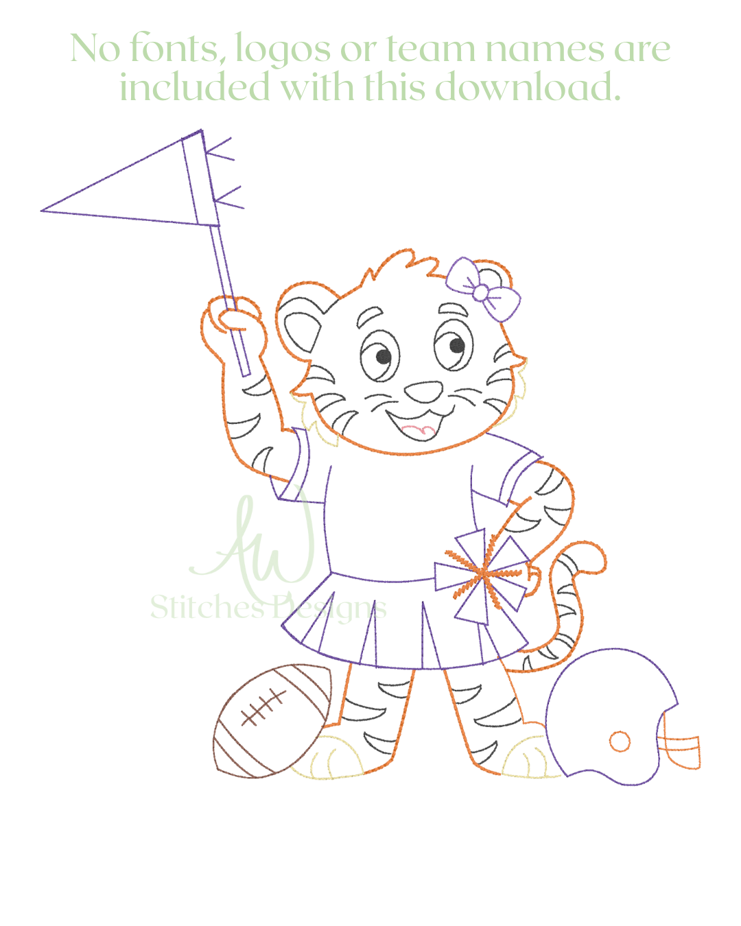 Vintage Tiger with Bow Football Embroidery Design