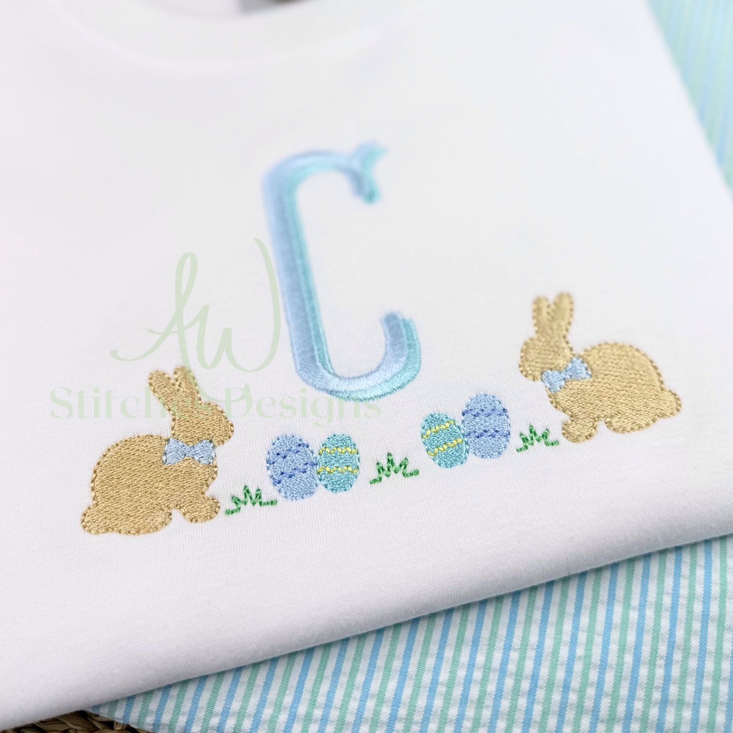 Easter bunny monogram frame satin fill stitch machine embroidery design file