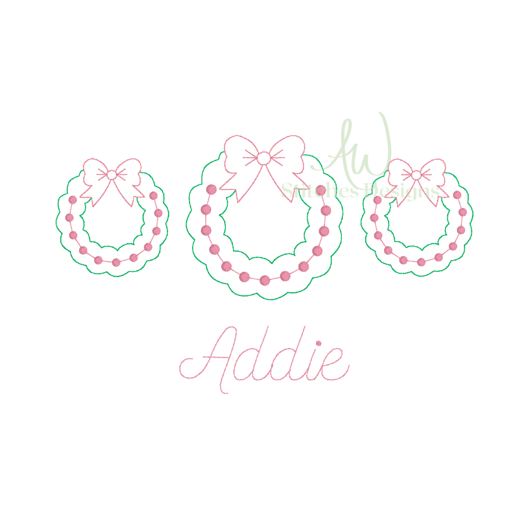 Christmas wreath trio with bow vintage bean stitch machine embroidery design file