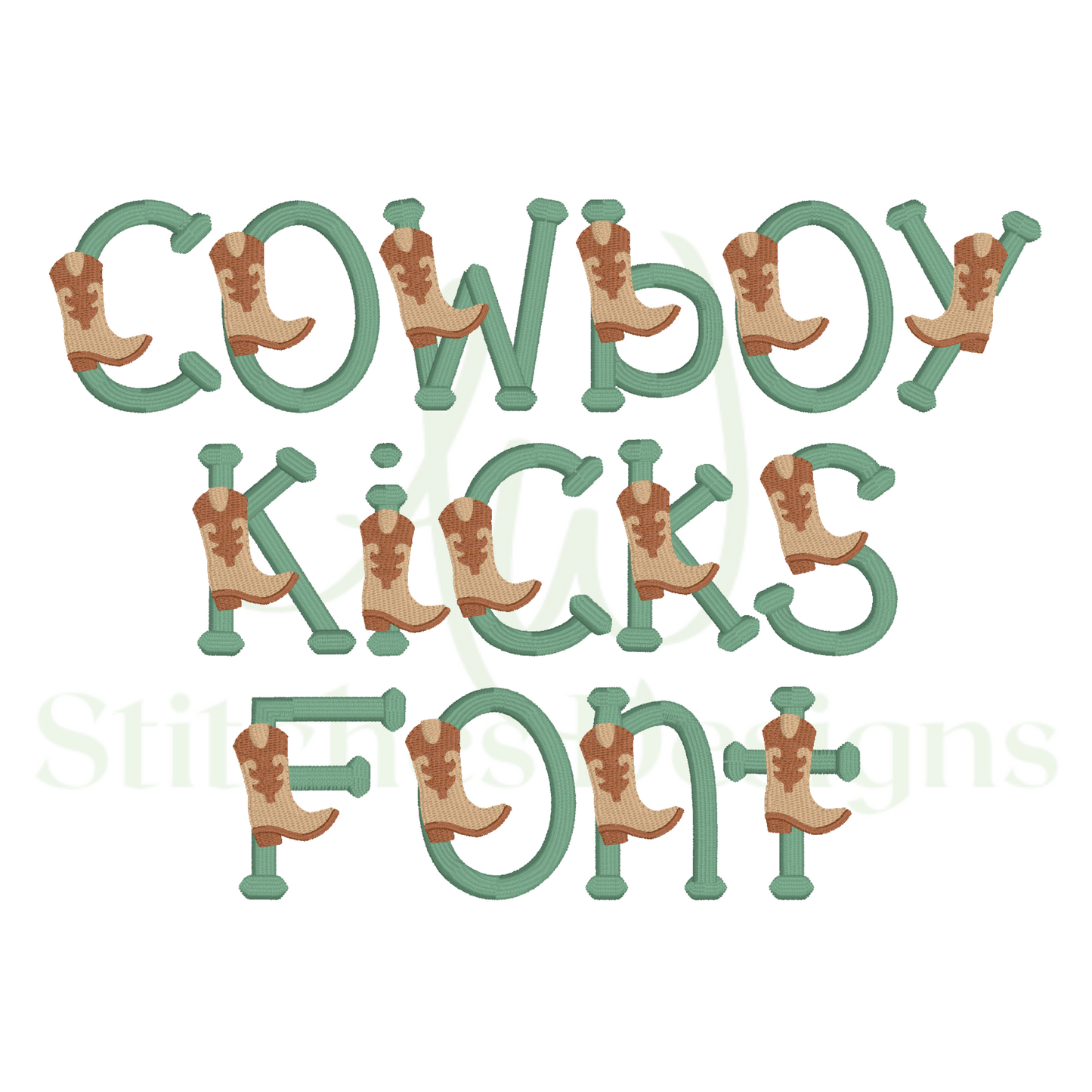 Cowboy Kicks satin stitch font for machine embroidery design file 1"- 2.5" upper and lowercase letters with BX