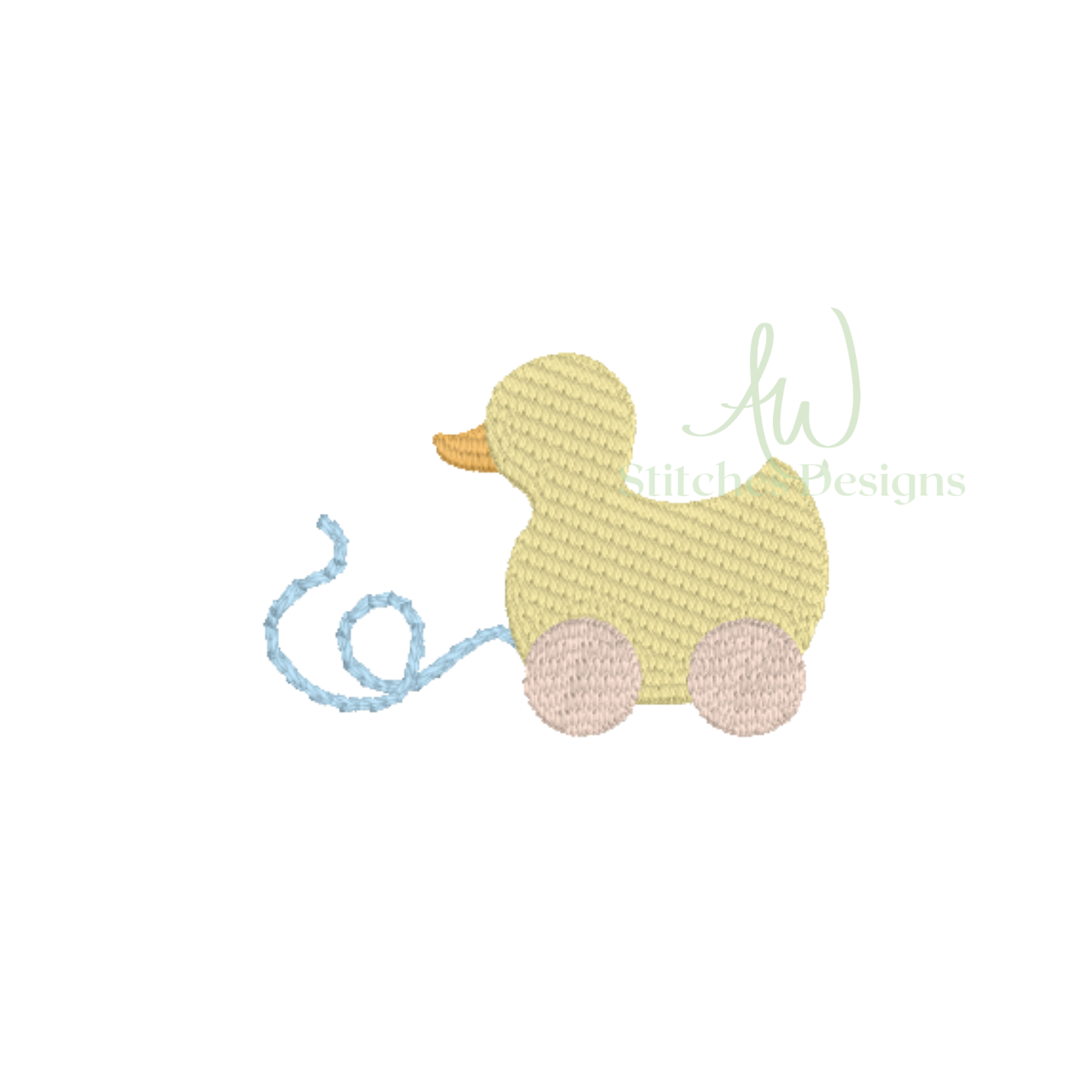 Embroidered duck design on a white background with 'AW Stitch Designs' logo.