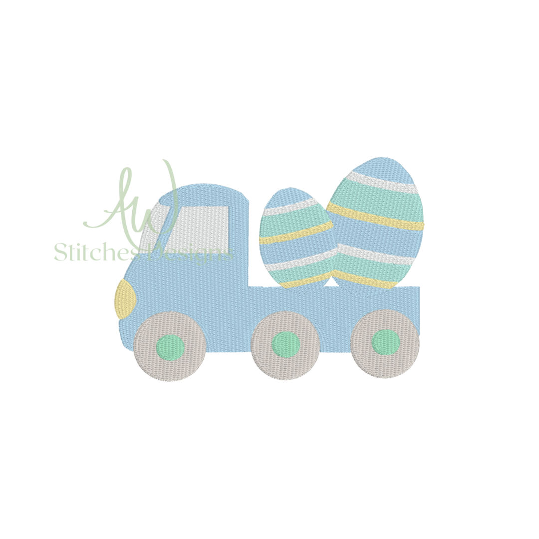 Blue truck with Easter eggs on a white background