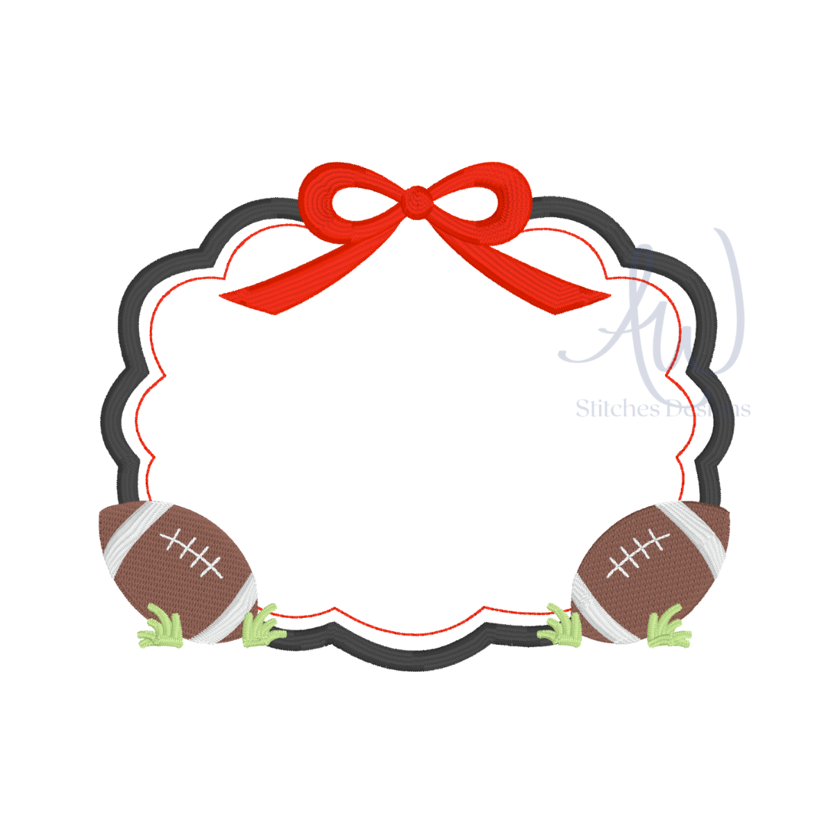 A digital embroidery design template featuring a scalloped black and red border with a red bow at the top and two brown footballs at the bottom, set against a plain white background.