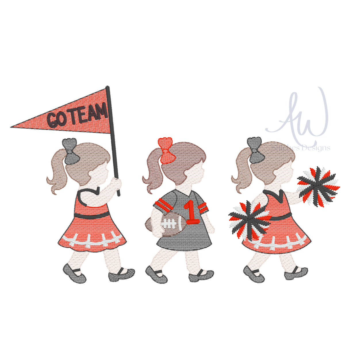 Embroidered design of three girls walking in a row, one carrying a 'GO TEAM' pennant, one holding a football with the number 1, and one holding red and black pom-poms. The girls are wearing red and gray cheerleader outfits.