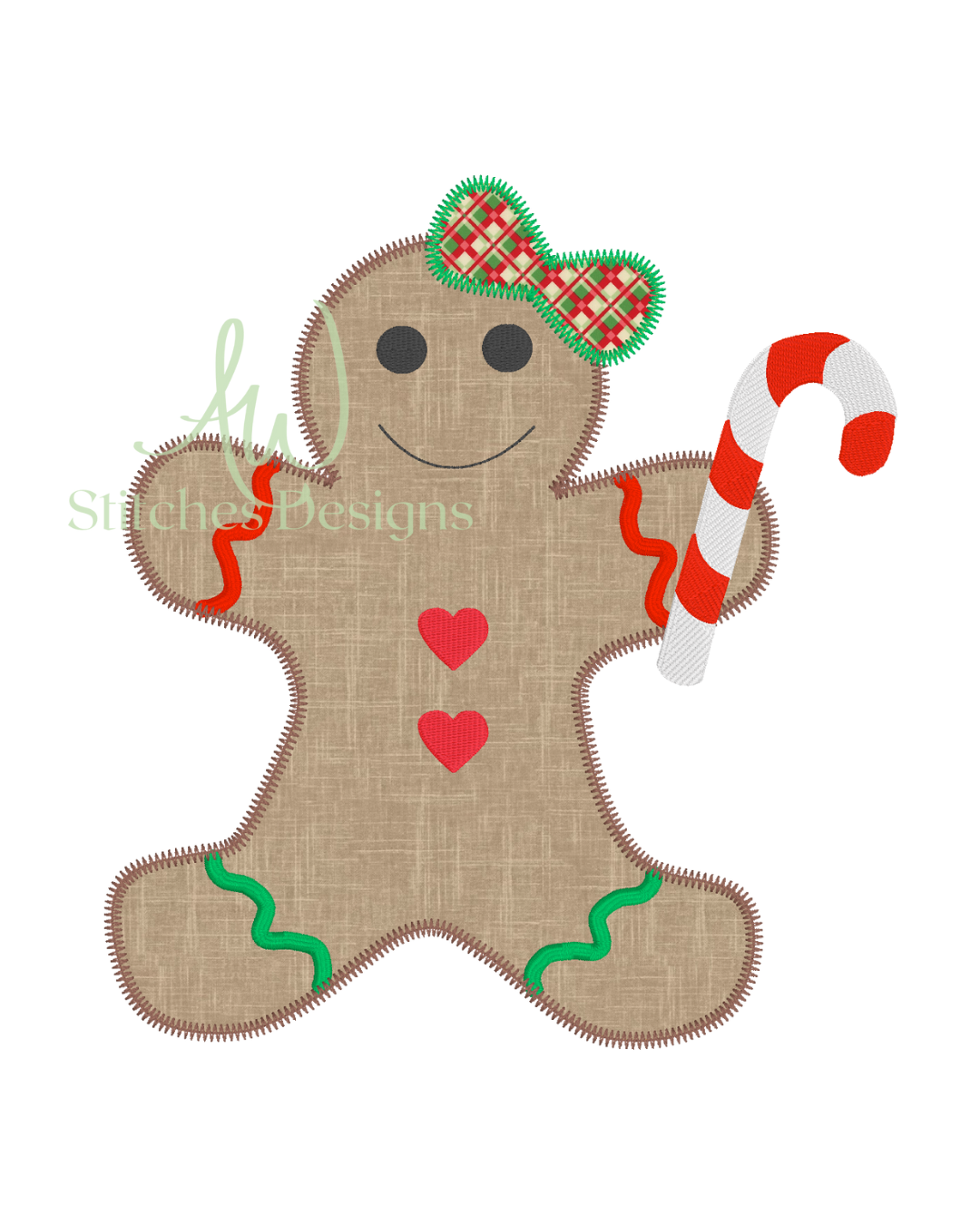 Christmas Gingerbread Girl with bow zig zag applique embroidery design file