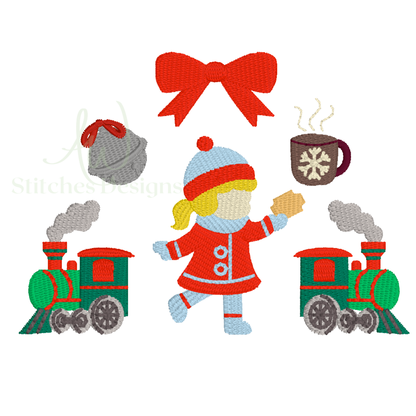 Embroidered design of a child in winter clothing with two toy trains and a red bow.