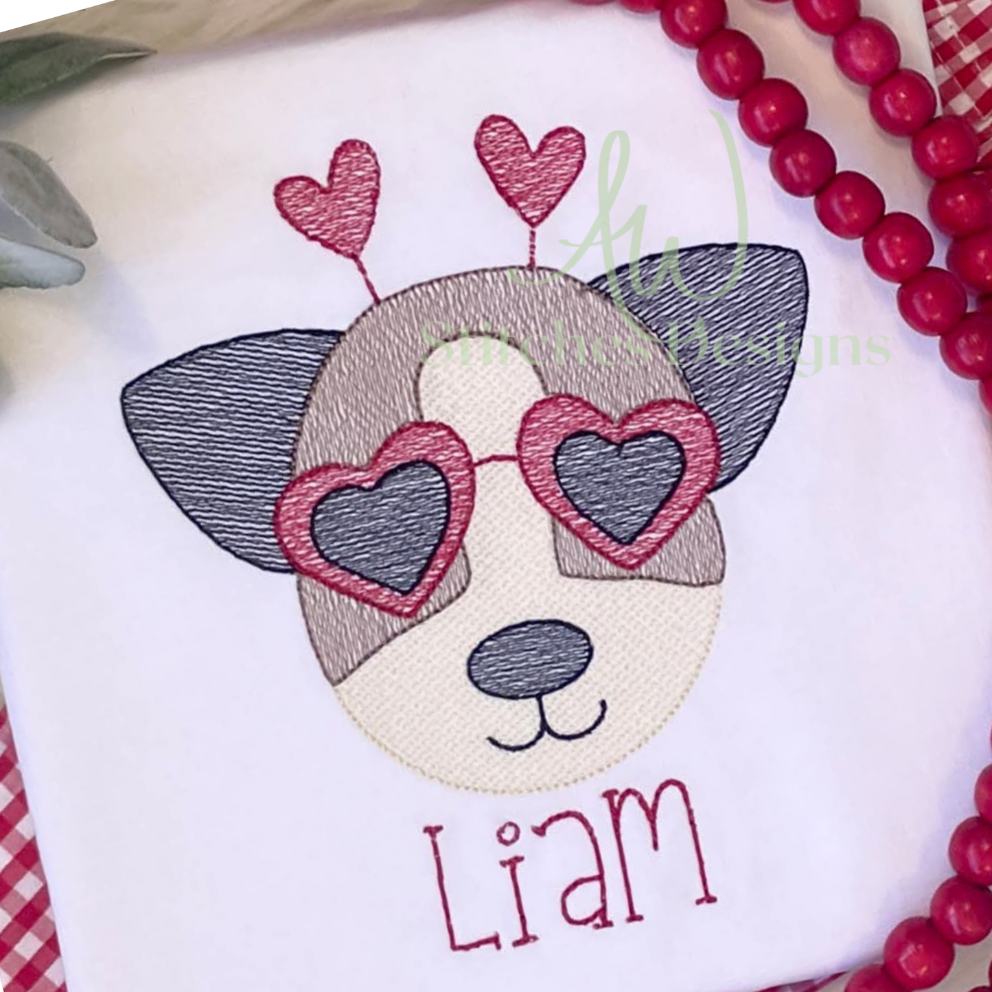 Puppy Dog Valentine's Day Hearts Sketch Light Fill Stitch Embroidery Design File