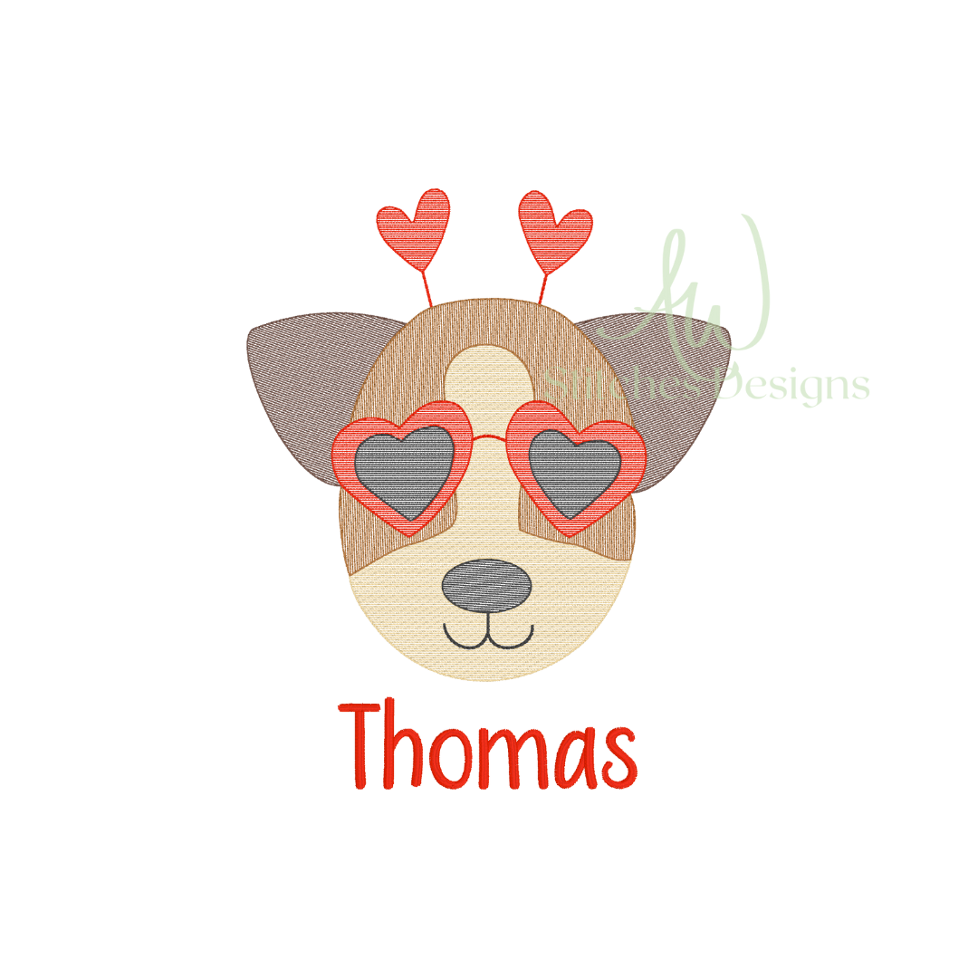 Puppy Dog Valentine's Day Hearts Sketch Light Fill Stitch Embroidery Design File