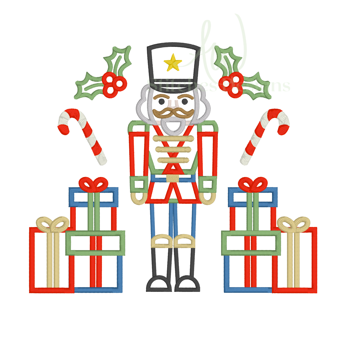 Nutcracker with Christmas presents satin stitch machine embroidery design file