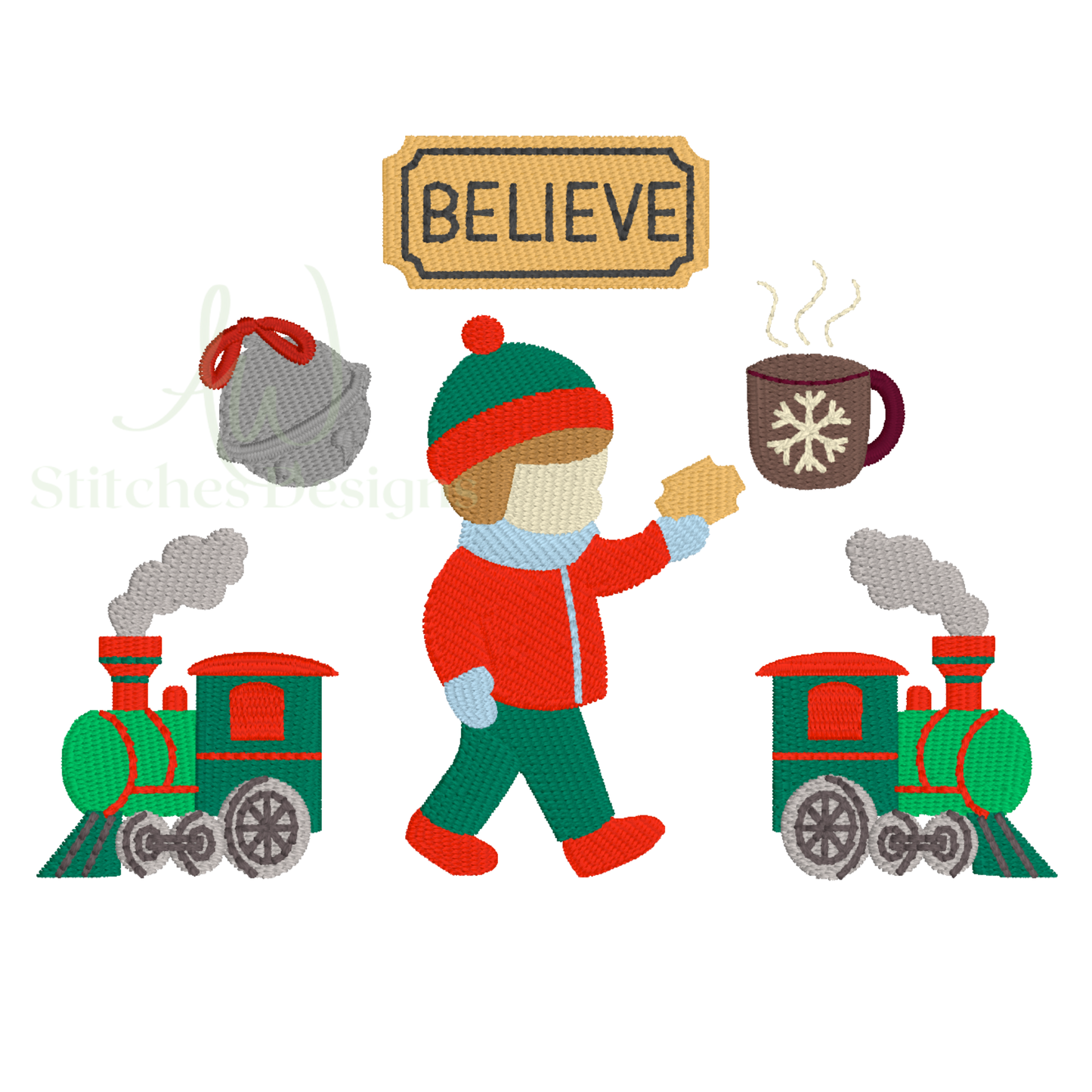 Embroidery design with a child, train, and 'BELIEVE' sign on a white background