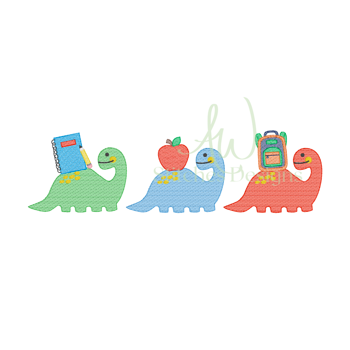A digital mockup of the back to school dinosaur embroidery design.