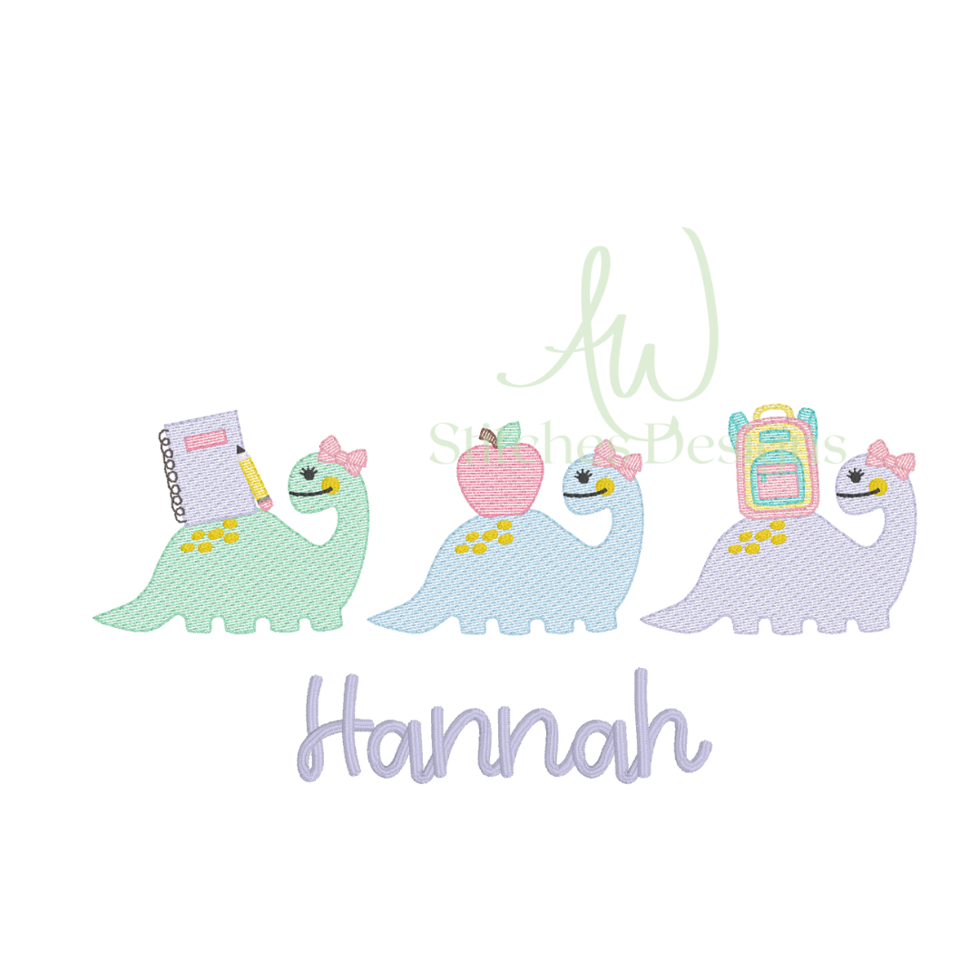 Digital mockup of an embroidery design with dinosaurs with school supplies and the name 'Hannah' on a white background.