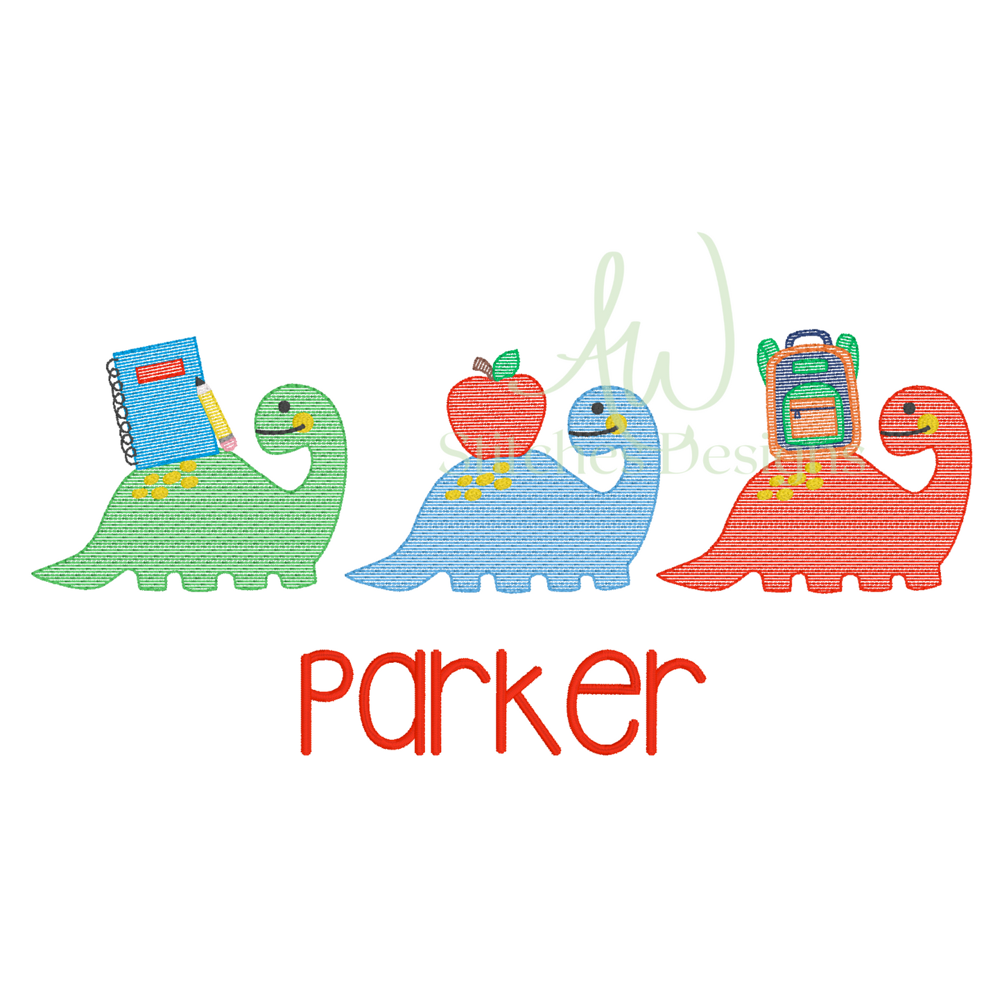 Dinosaur Trio Embroidery design styled in a back-to-school setting