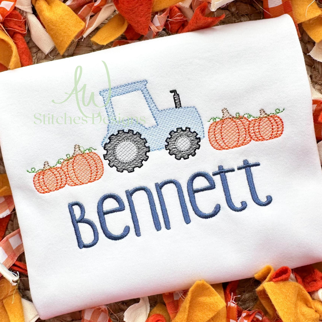 Tractor with pumpkins sketch stitch