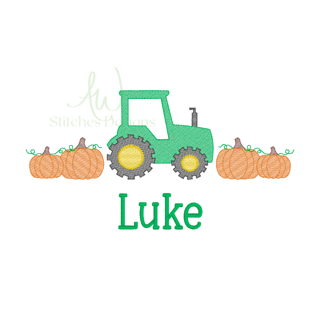 Tractor with pumpkins sketch stitch