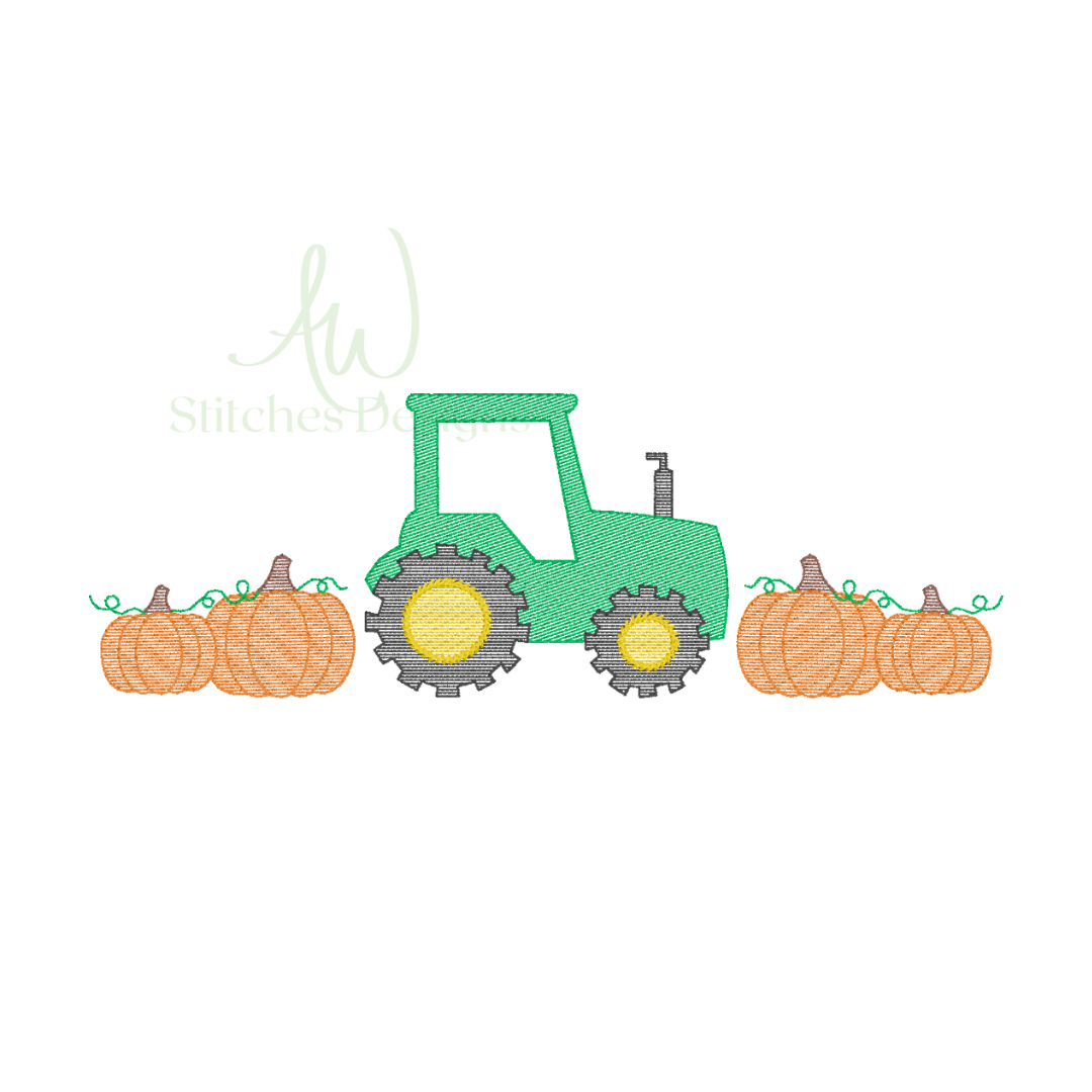 Tractor with pumpkins sketch stitch
