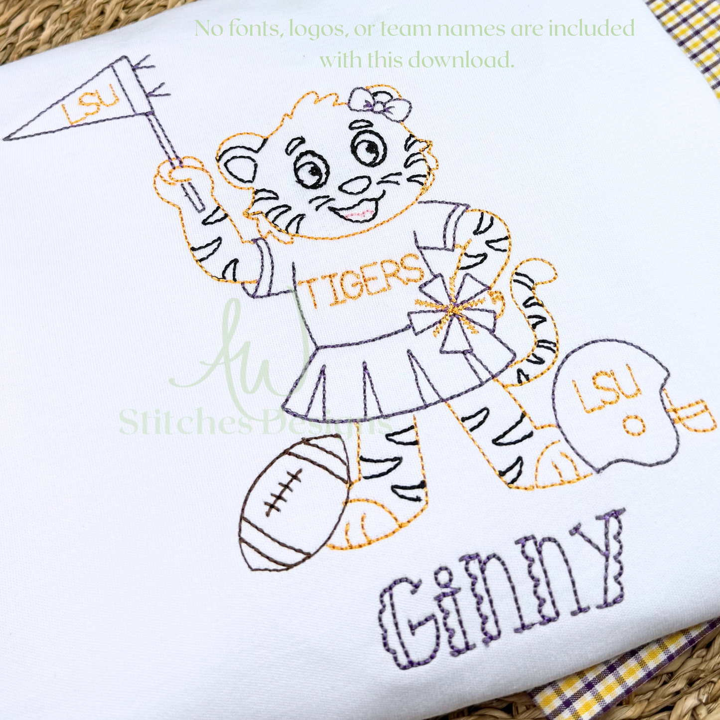Vintage Tiger with Bow Football Embroidery Design