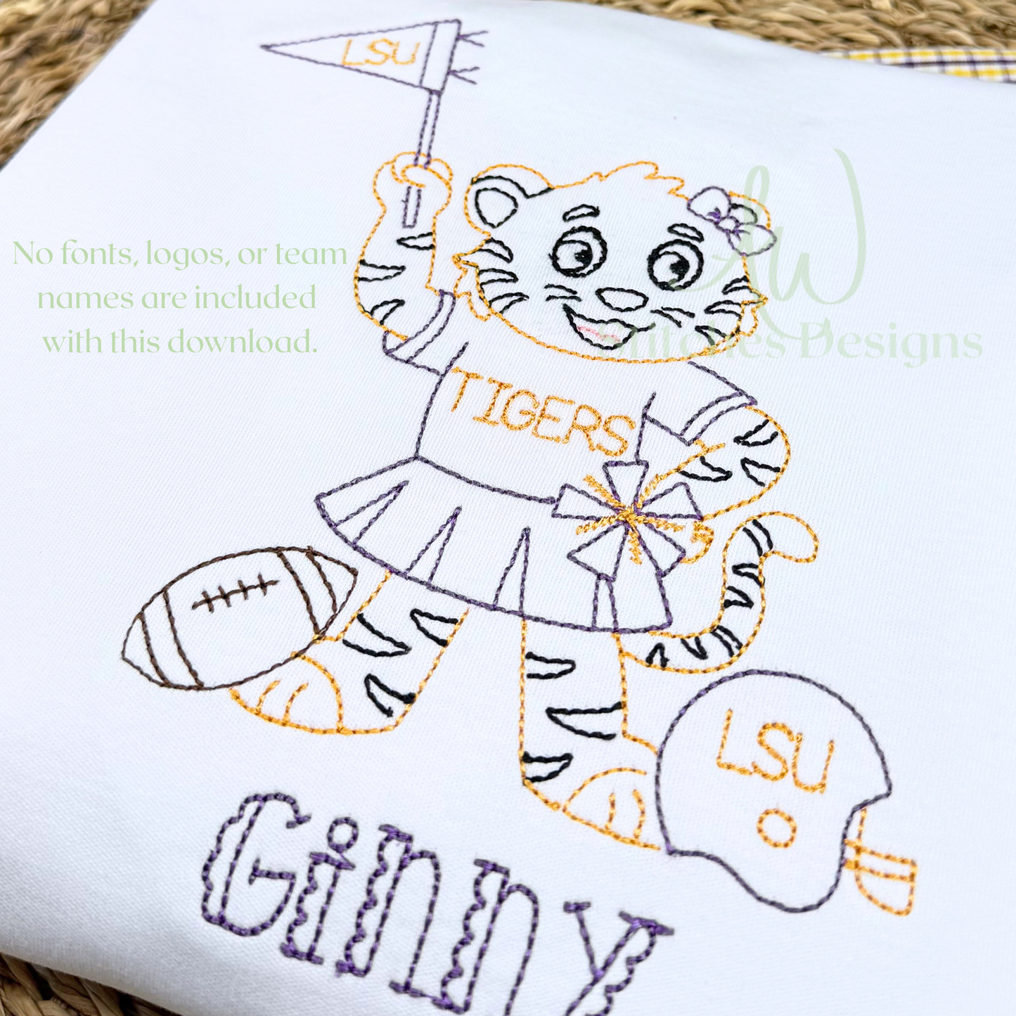 Vintage Tiger with Bow Football Embroidery Design