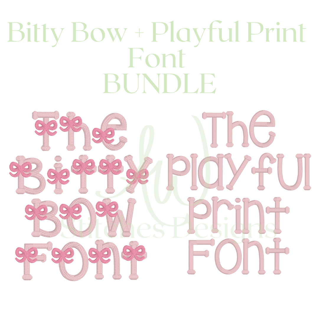 The bitty bow satin stitch font & the playful print satin font BUNDLE