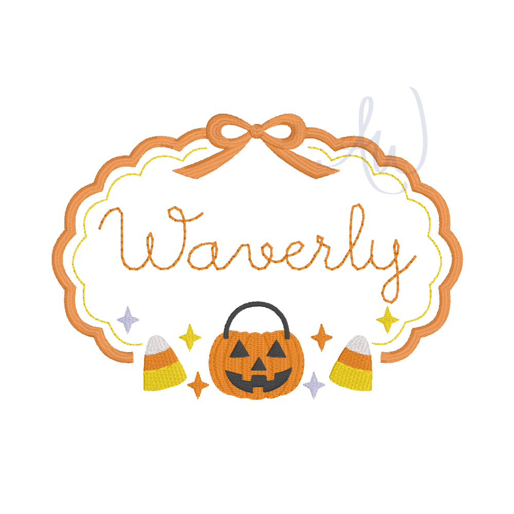 A decorative embroidered-style Halloween sign reading “Waverly,” with an orange scalloped border, bow, jack-o'-lantern, candy corn, and small stars on a white background.