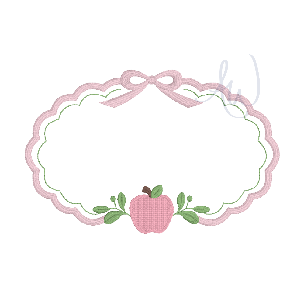 A decorative scalloped oval frame design with a pink ribbon bow at the top and a pink apple with green leaves at the bottom, shown on a plain white background.