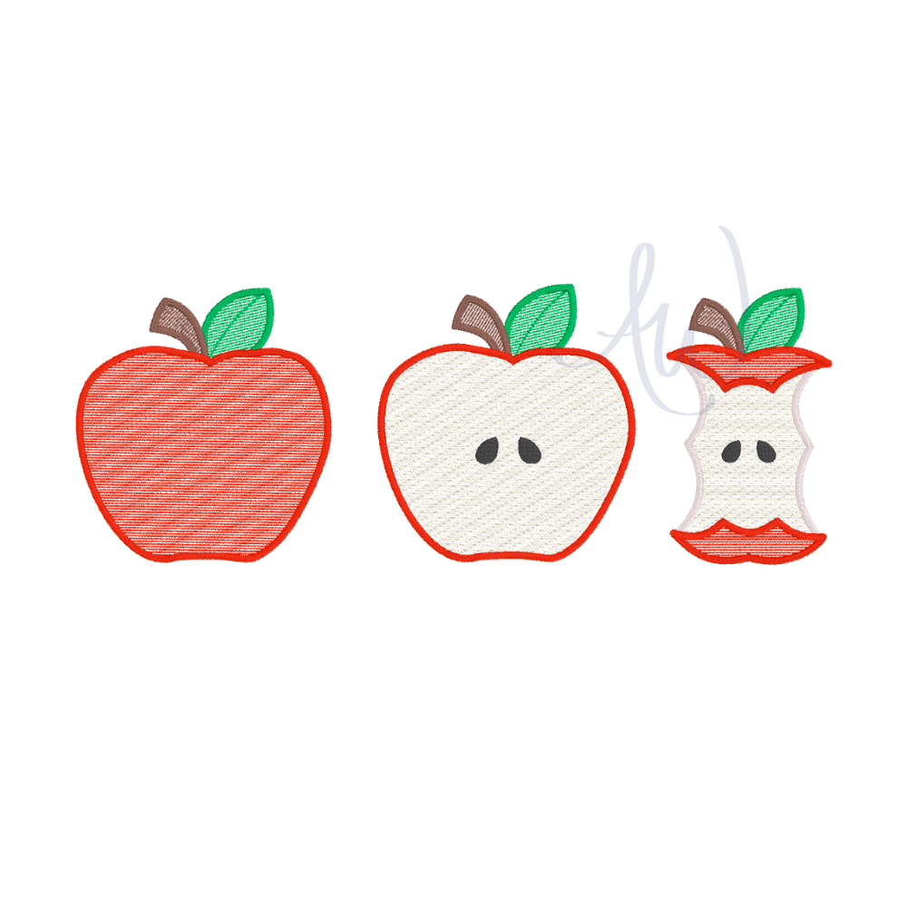 Three embroidered apple designs in a row on a white background: a whole red apple with a green leaf and brown stem, a sliced apple showing white flesh and two black seeds, and a bitten apple core with red skin, white flesh, and a green leaf.