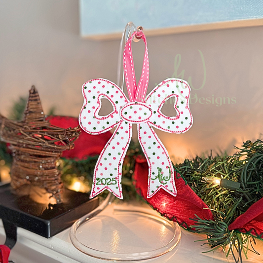 In The Hoop Bow Christmas Ornament Tag bean stitch applique design for machine embroidery