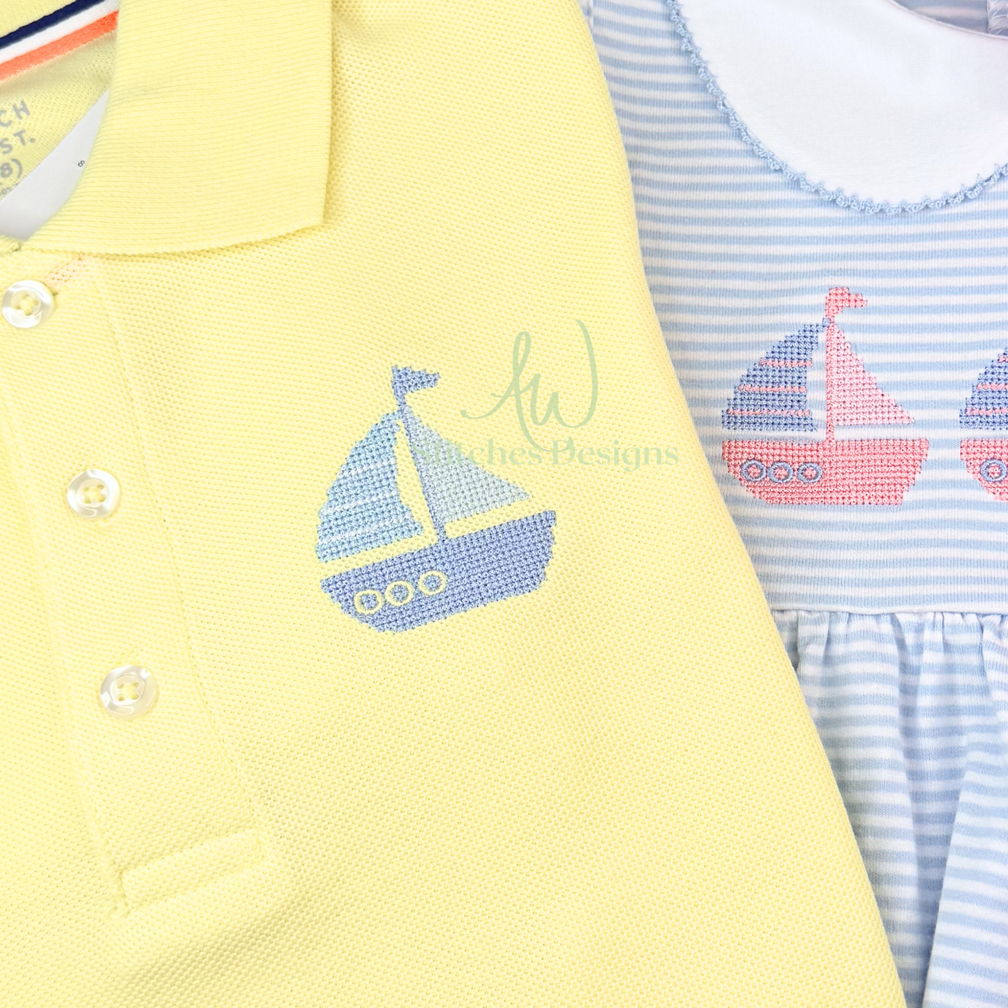 Yellow romper with blue sailboat design and striped dress with pink sailboat design.