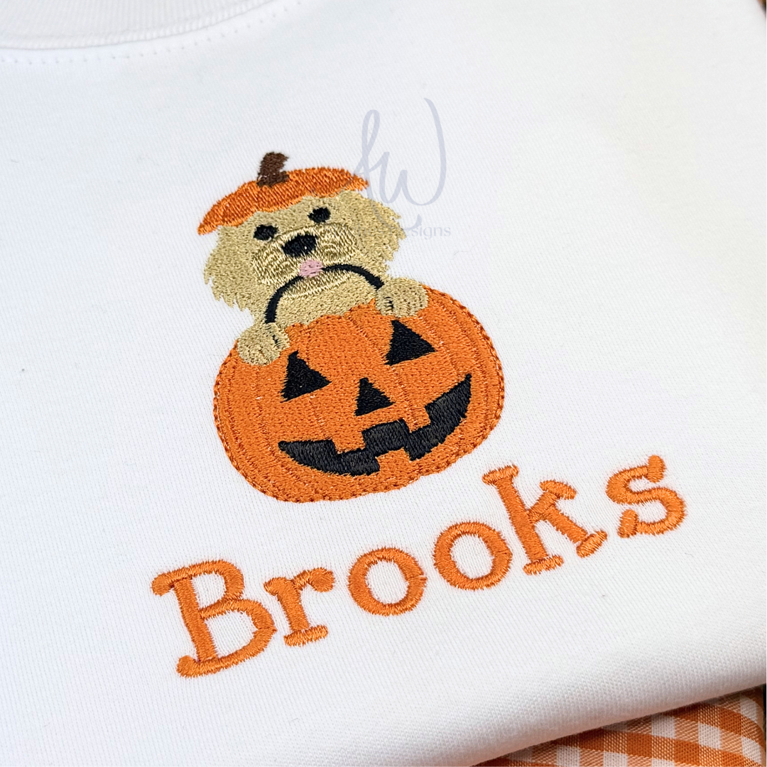 Embroidered design of a teddy bear in a pumpkin with 'Brooks' text on a white background