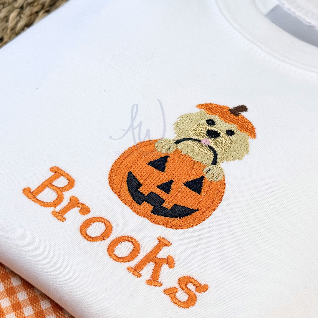 Embroidered design of a pumpkin with a face and the name 'Brooks' on a white background.