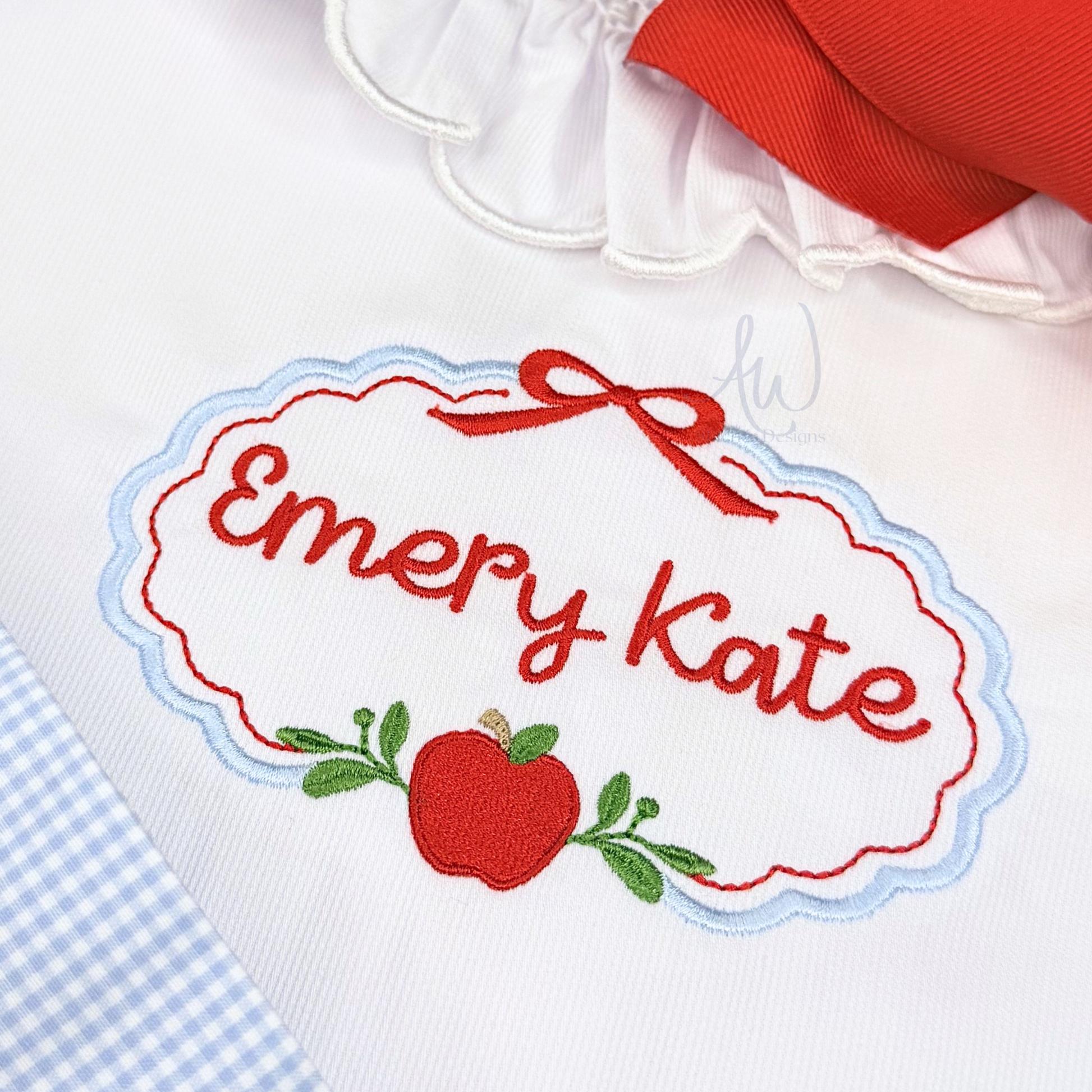 Back to school apple name frame embroidery design with scallop border and bow