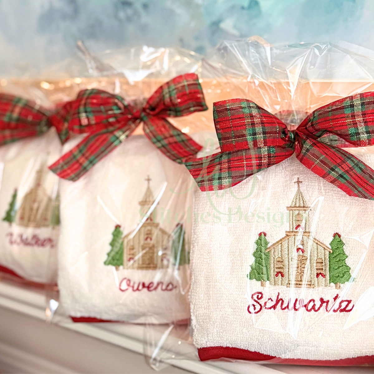 Satin stitch church embroidery design for Christmas towels and holiday gift projects
